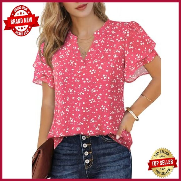 Chiffon Blouse Petal Sleeve V Neck Work Casual Summer Top - Picture 3 of 7